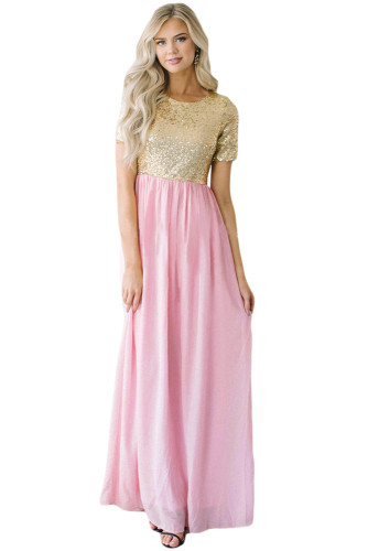 Gold Chiffon Sequin Zipper Back Maxi Dress