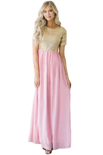 Gold Chiffon Sequin Zipper Back Maxi Dress