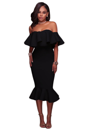 Black Ruffle Off Shoulder Mermaid Midi Party Dress