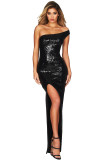 Black One Shoulder High Split Sequined Gown Dress