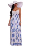 White Blue Print Open Back Maxi Dress
