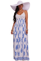 White Blue Print Open Back Maxi Dress