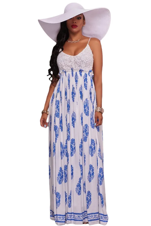 White Blue Print Open Back Maxi Dress