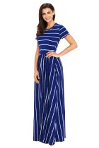 White Striped Navy Short Sleeve Maxi Dress