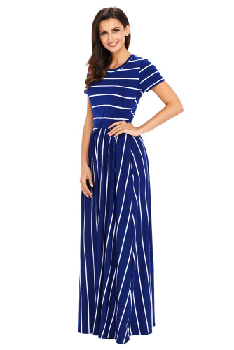 White Striped Navy Short Sleeve Maxi Dress