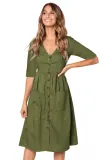 Sage Green Button Front Midi Dress with Pockets