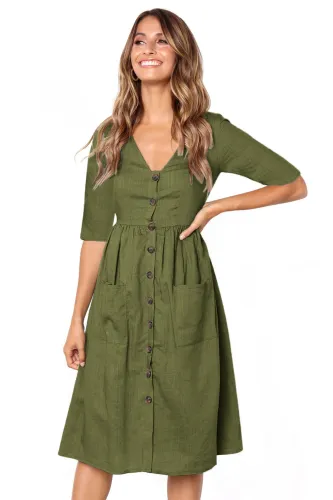 Sage Green Button Front Midi Dress with Pockets