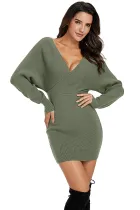 Olive Long Sleeve V Neck Tied Sweater Dress