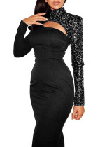 Unilateral Sequined Sleeve Collar Neck Tight Dress