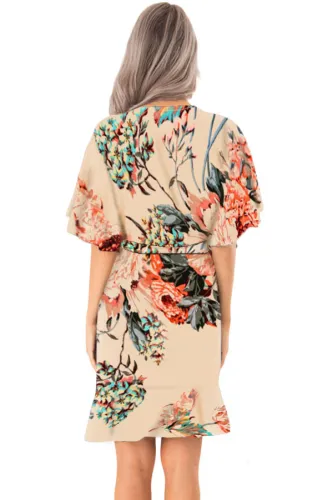 Apricot Floral Print V Neck Wrap Dress with Ruffle Sleeves