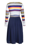 Navy Yellow Striped Poplin Sash Tie Midi Dress