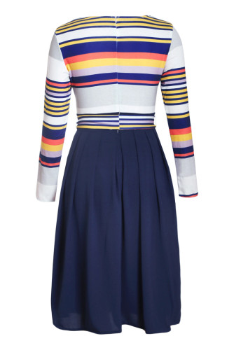 Navy Yellow Striped Poplin Sash Tie Midi Dress