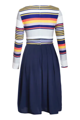 Navy Yellow Striped Poplin Sash Tie Midi Dress