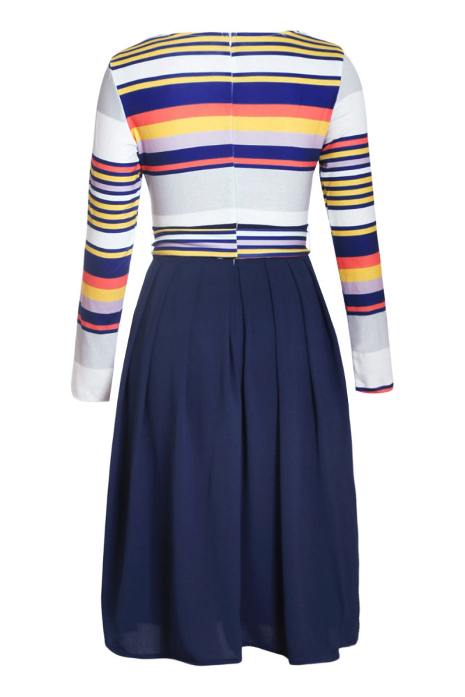 Navy Yellow Striped Poplin Sash Tie Midi Dress