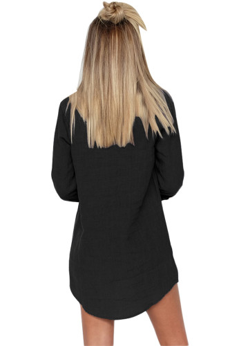 Black Button Neck Long Sleeve Shirt Dress