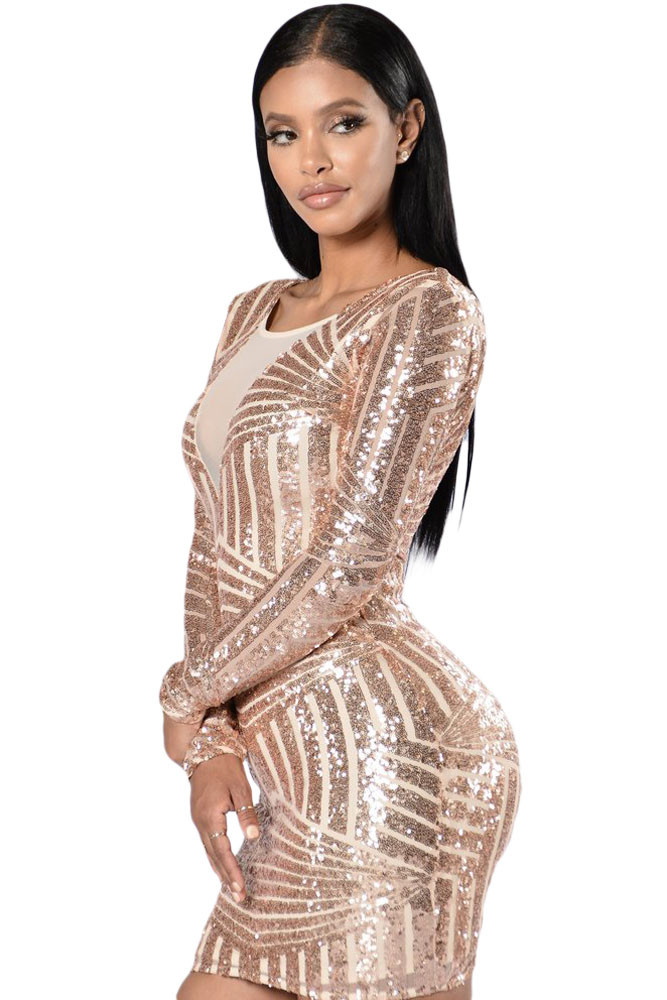 Rose Nude Open Back Long Sleeve Sequin Dress
