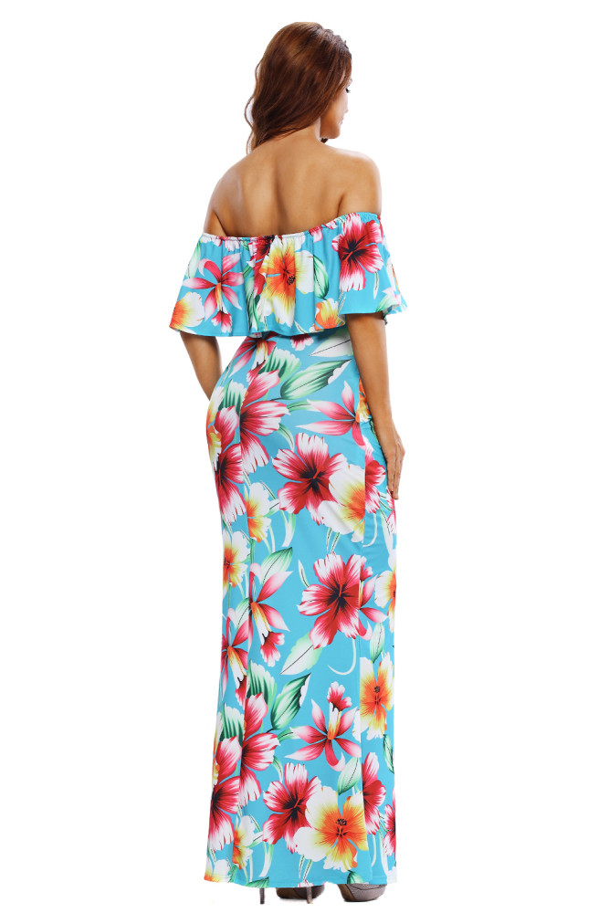 Turquoise Roses Print Off-the-shoulder Maxi Dress