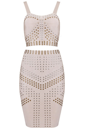 Studded Nude Leatherette 2pcs Bandage Dress