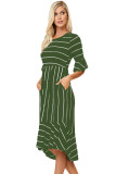 Green White Striped Bell Sleeve Hi-low Midi Dress