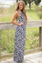 Black Contrast Damask Print Sleeveless Long Dress
