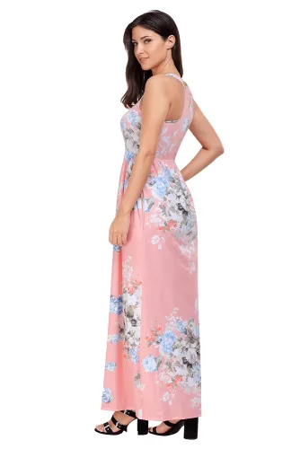 Blush Floral Print Sleeveless Long Boho Dress
