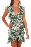 Green Leaf Vein Print Ruffle and Wrap Short Summer Dress