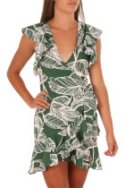 Green Leaf Vein Print Ruffle and Wrap Short Summer Dress