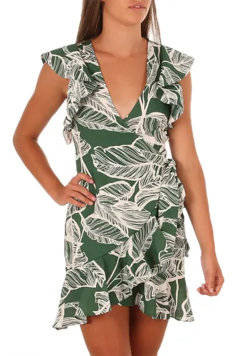 Green Leaf Vein Print Ruffle and Wrap Short Summer Dress