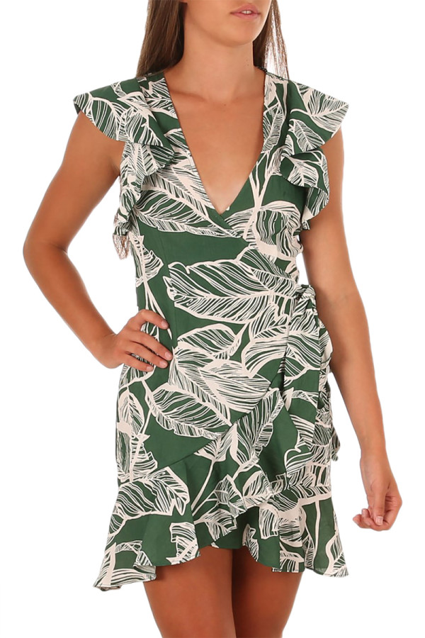 Green Leaf Vein Print Ruffle and Wrap Short Summer Dress