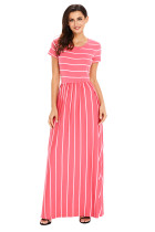 White Striped Rosy Short Sleeve Maxi Dress