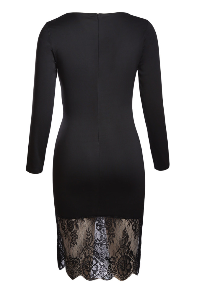 Black Eyelash Lace Overlay Long Sleeve Bodycon Dress