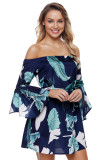 Tropical Leaf Print Navy Off Shoulder Dress