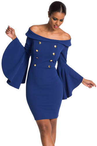 Blue Double Breasted Button Off Shoulder Dress