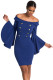 Blue Double Breasted Button Off Shoulder Dress