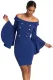 Blue Double Breasted Button Off Shoulder Dress