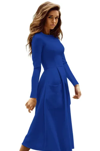 Navy Bateau Collar Casual Big Pocket Skater Dress