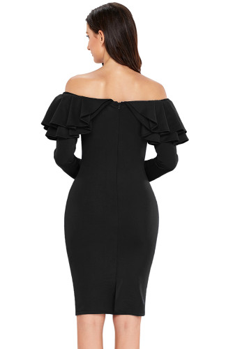 Black Ruffle Off The Shoulder Long Sleeve Bodycon Dress