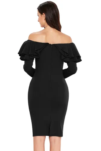 Black Ruffle Off The Shoulder Long Sleeve Bodycon Dress
