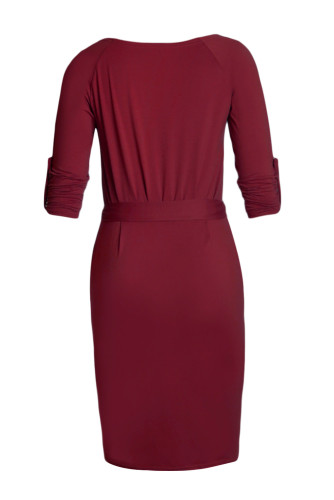Burgundy Roll-tab Long Sleeve Tie Waist Midi Dress