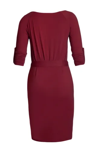 Burgundy Roll-tab Long Sleeve Tie Waist Midi Dress