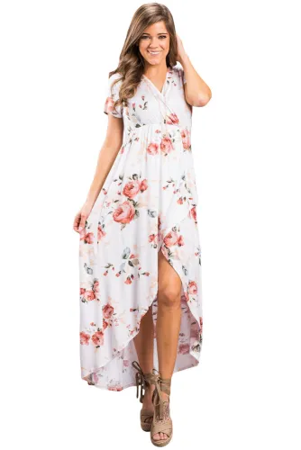 White Grounding Petals Print Boho Maxi Dress