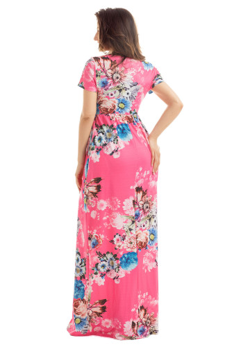 Pocket Design Short Sleeve Watermelon Red Floral Maxi Dress
