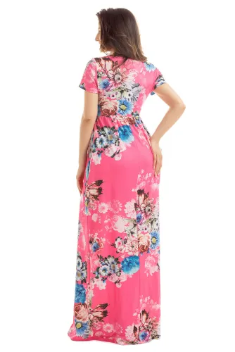 Pocket Design Short Sleeve Watermelon Red Floral Maxi Dress