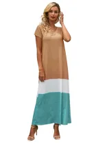 Brown Triple Color Block Holiday Maxi Dress