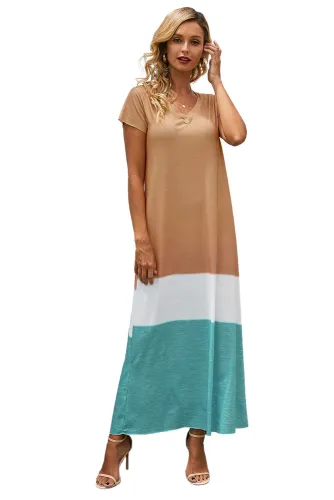Brown Triple Color Block Holiday Maxi Dress