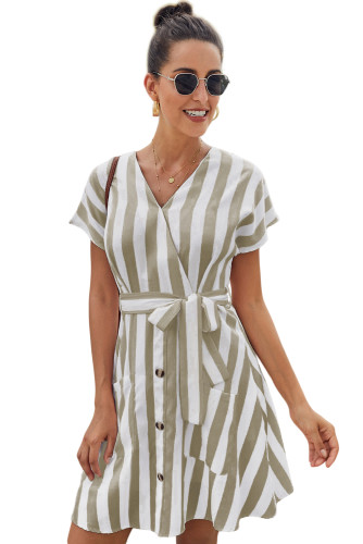 Khaki Fashion Stripe Short Sleeve Casual Dress