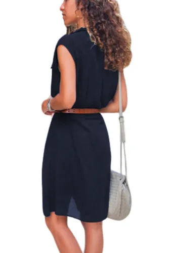 Blue Pockets Buttoned Sleeveless Shirt Dress