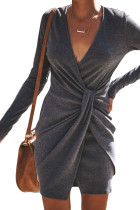 Gray Long Sleeve Ribbed Twist Mini Dress