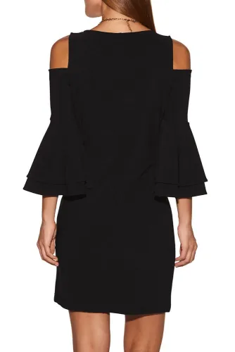 Black Flare Sleeve Cold Shoulder Mini Dress