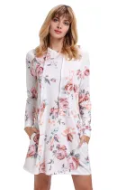 White Floral Print Drawstring Hoodie Dress